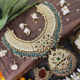 Vriksham Possibly With Floral Pendant Style Short Neckpiece-White-Aqua Green Bead-J3347